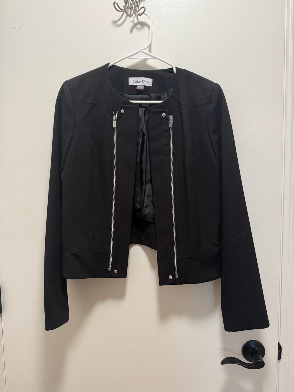 Calvin Klein Black Collarless Zip-Front Blazer Jacket